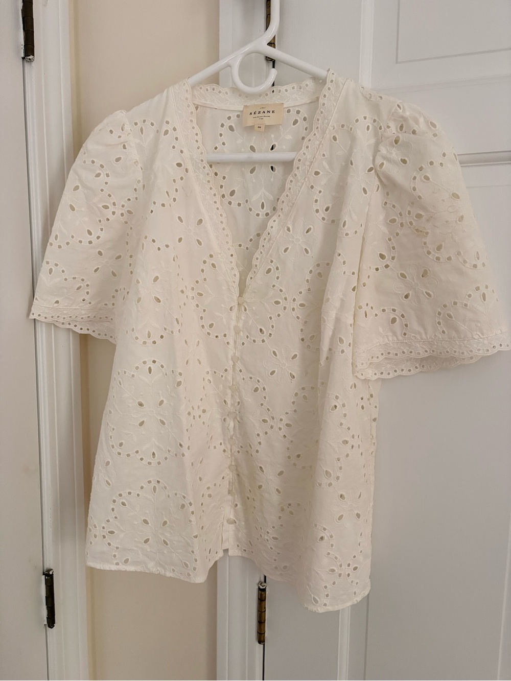 Sezane Cream Eyelet V-Neck Puff Sleeve Top